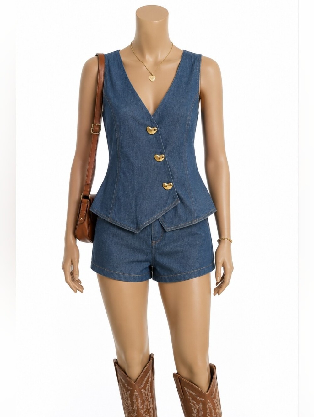 Milk & Honey NWT Denim Vest & Shorts Set Size Small Gold Heart Buttons Blue 2PC